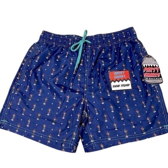 Party Sharks Hula Girl Swim Trunks Quick Dry 6.5" Inseam Blue Hawaiian Print - Picture 1 of 9